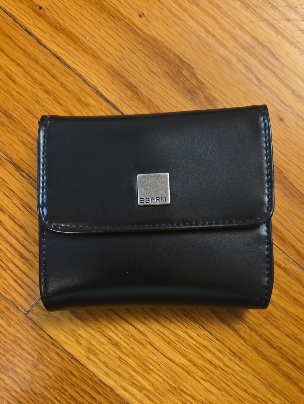 Esprit Black Leather Compact Trifold Wallet with Metal Logo